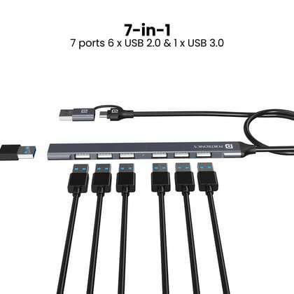 Portronics Mport 7, Type-C & USB Plugs, USB 3.0, 7-Port USB, USB 2.0 (Grey)