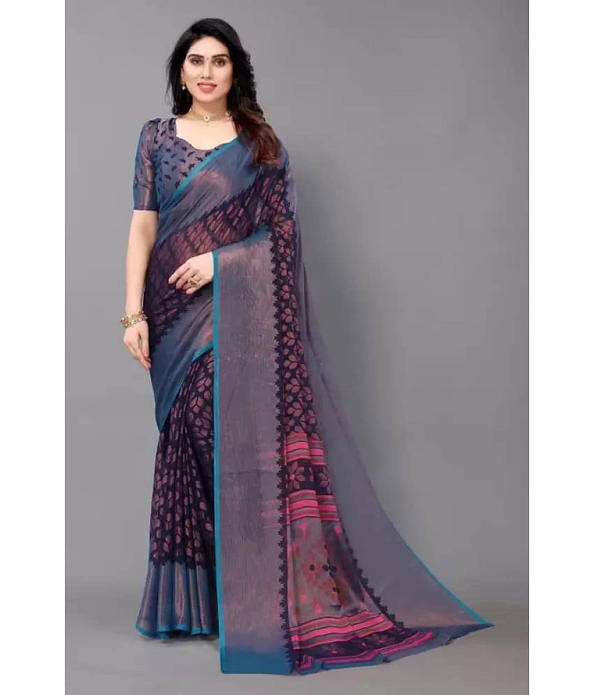 Sitanjali Brasso Printed Saree With Unstitched Blouse Piece ( Navy Blue )