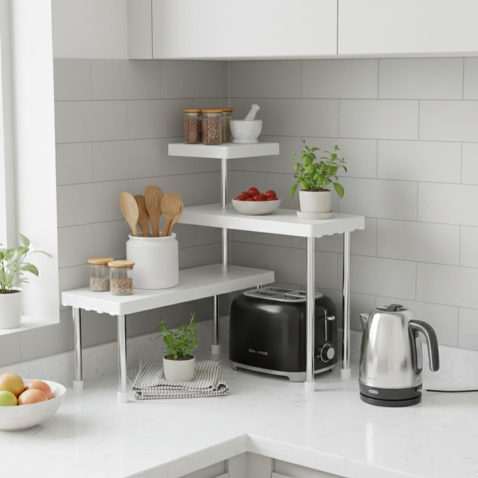 U-Max 3-Tier Multipurpose Corner Kitchen Rack, 3 tier kitchen shelf, Space Saving Countertop Shelf Organizer