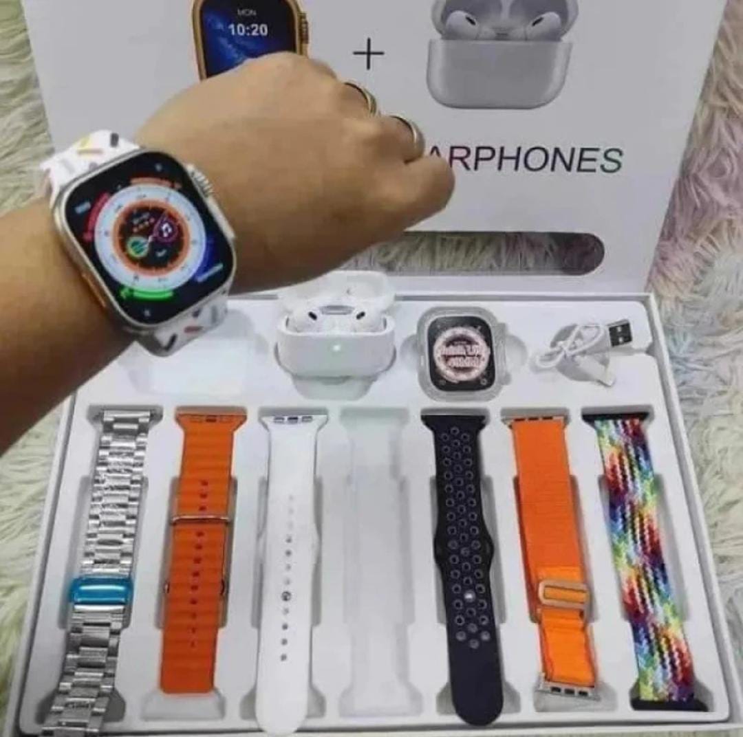10 in 1 Set 7 Belts with free Airpods BT Calling Smart Watch with AMOLED Display & Activity, Health Tracker for Men & Women, Multicolor
