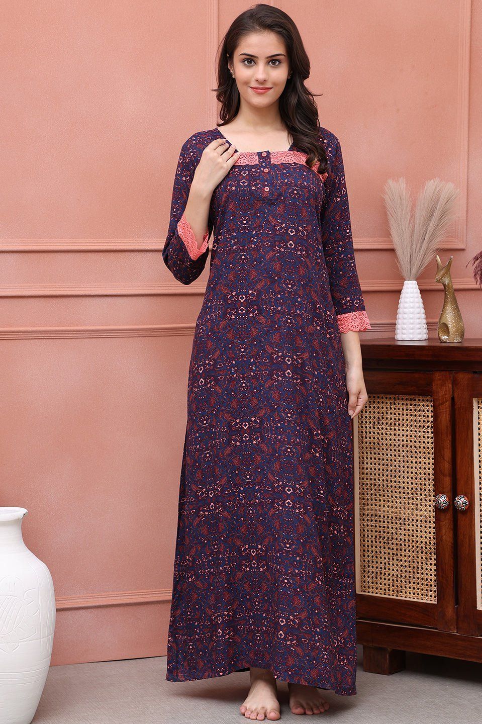 Blue Color Abstract Printed Viscose Rayon Maxi Nightdress-M