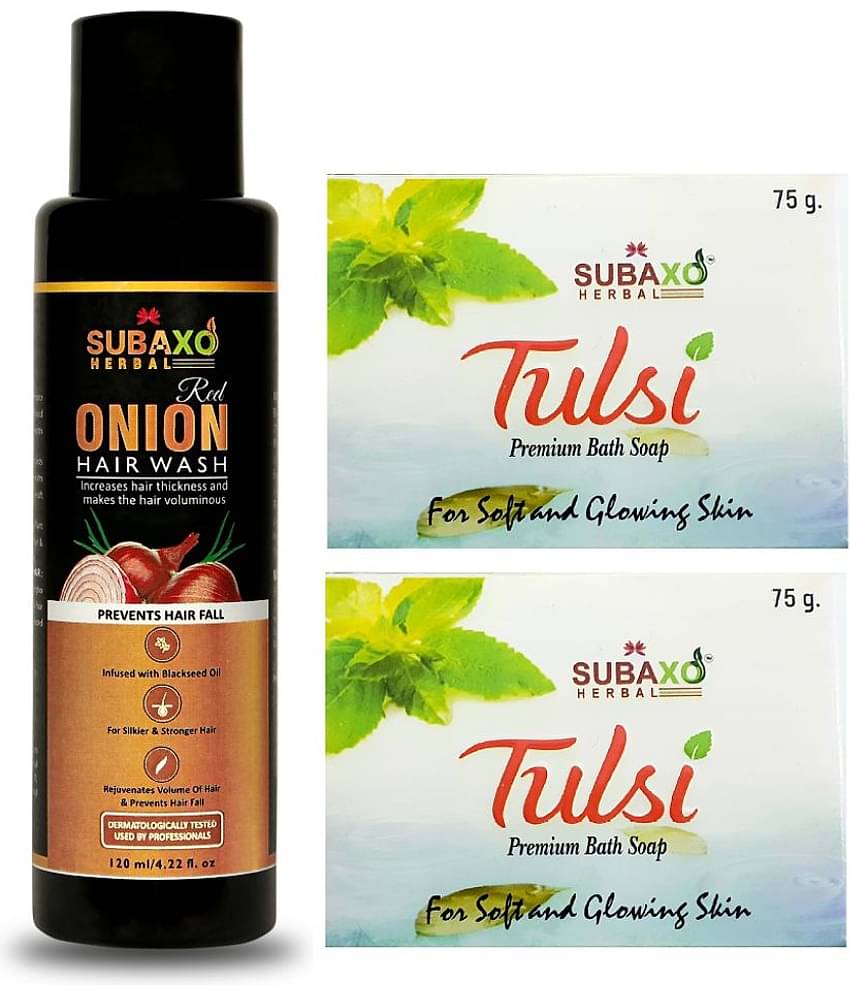 Red Onion Herbal Hair Wash | Prevents Hair Fall |Makes Hair Silkier & Stronger 120 Ml & Tulsi Soap 2 Pc Each 75 G