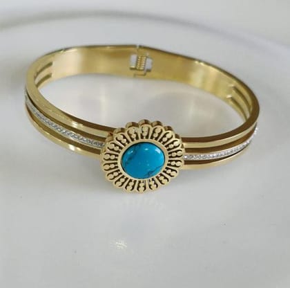 Stainless Steel Gold Plated Turquoise Floral Shaped Kada- ST