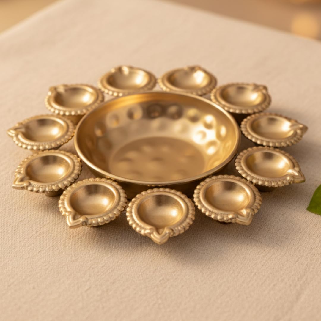 Sukh Sehaj Dasamukhi Kamal Diya/Urli, Lotus Diya, Brass, 9.7 Inch Width (Lightweight), Oil Lamp Home Temple, Decor, Pooja Ritual and Gifting