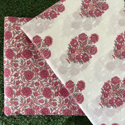Pure cotton top and bottom set (2.5 mtr top, 2.5 mtr bottom)-White and Red / 2.5 mtr each / Pure cotton