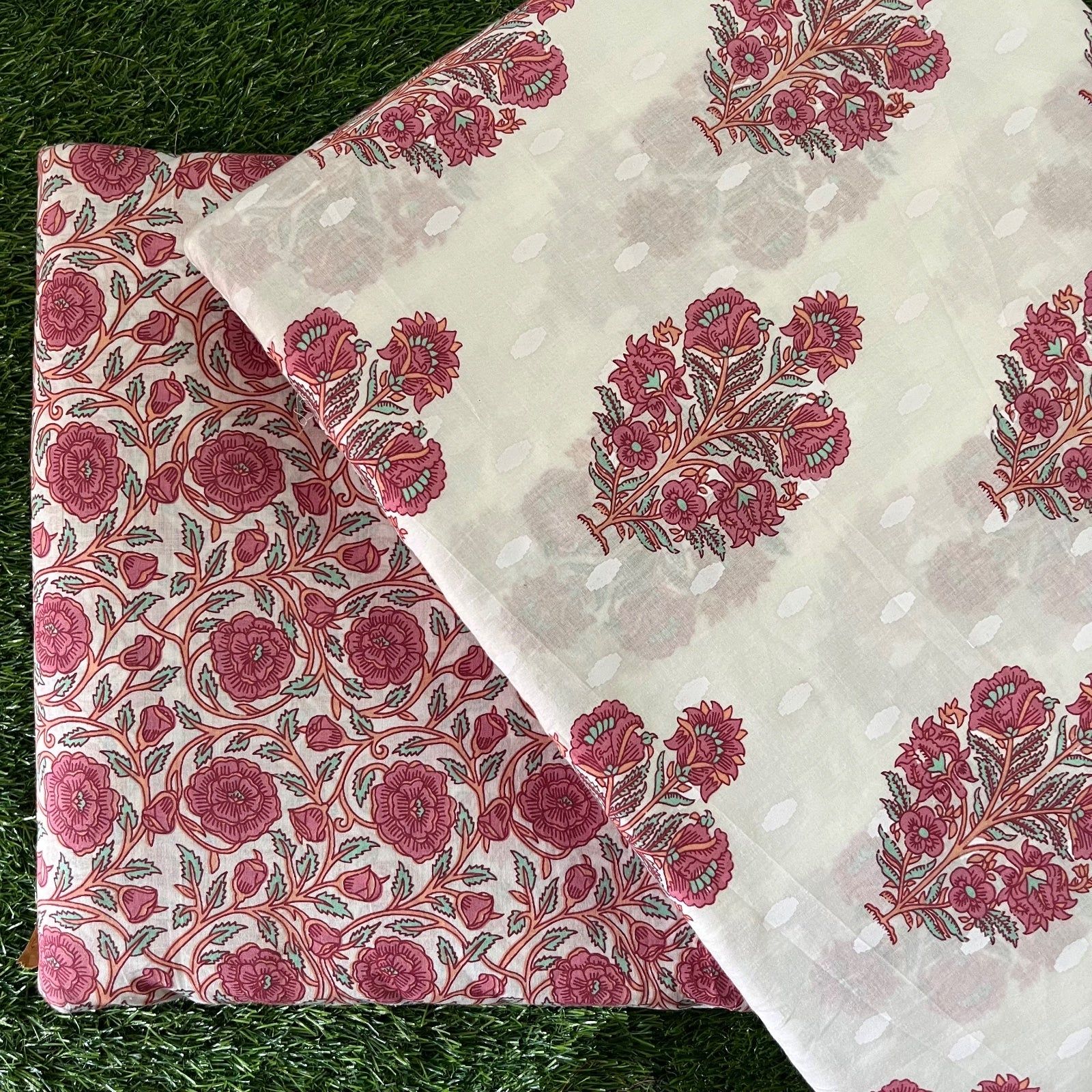 Pure cotton top and bottom set (2.5 mtr top, 2.5 mtr bottom)-White and Red / 2.5 mtr each / Pure cotton