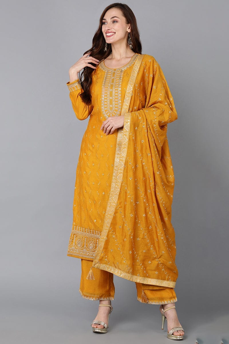 Silk Blend Mustard Embroidered Straight Kurta Pant With Dupatta PKSKD1817