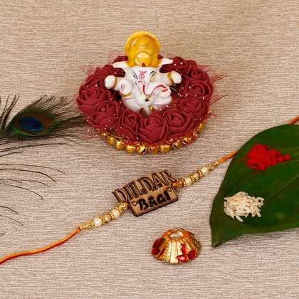 Designer Wooden Dildar Bhai Rakhi with Lord Ganesha Idol on Decorative Plate for Car & Home and Roli Tikka Matki
