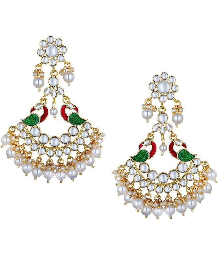 Spargz Gold Plated Wedding & Party Wear Kundan Pearl Multicolor Enamel Work Peacock Chand Bali Earrings For Women AIER_1356