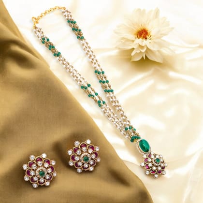 Gold-Plated Multistrand Beaded Necklace Set with Floral Pendant and Earrings