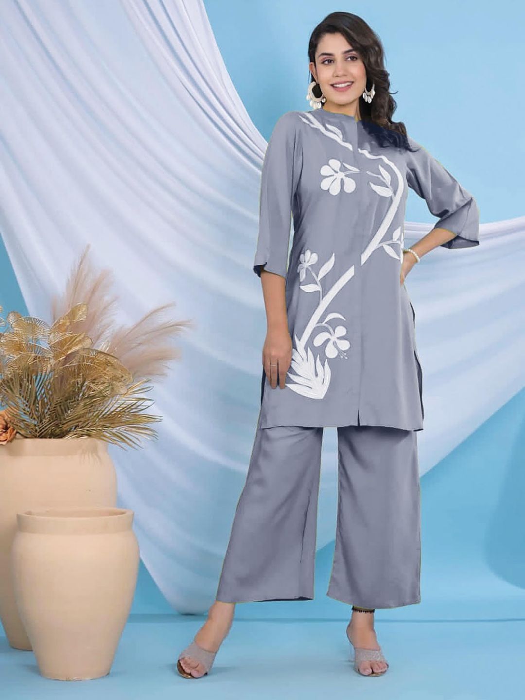 Sky Blue Cotton Co-Ord Set with Floral Embroidery-XL