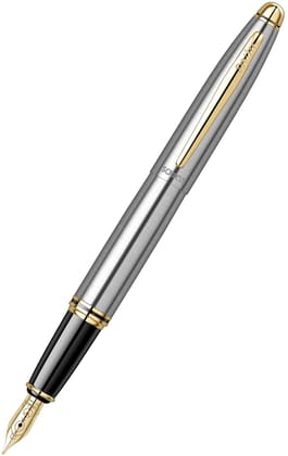 Scrikss Knight 88 Satin SS Fountain Ink Pen With Medium Size Nib, Satin Stainless Steel Cap, Gold Trims, Mounted Converter, Smooth Writing Office Corporate Gifting Professionals Students