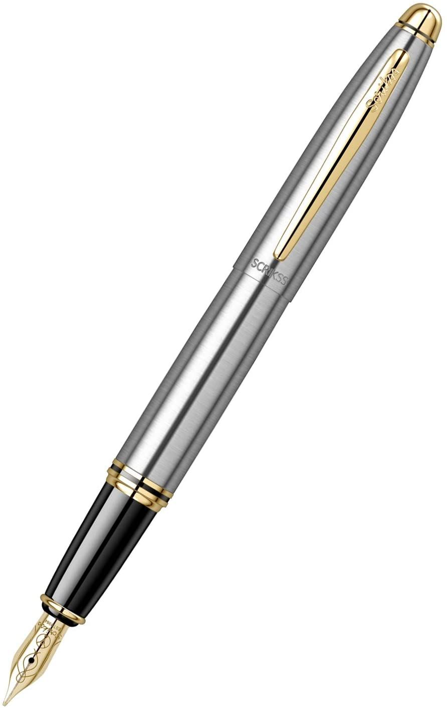 Scrikss Knight 88 Satin SS Fountain Ink Pen With Medium Size Nib, Satin Stainless Steel Cap, Gold Trims, Mounted Converter, Smooth Writing Office Corporate Gifting Professionals Students