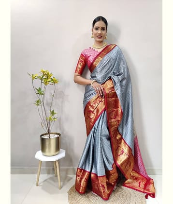 Aika Banarasi Silk Embellished Saree With Unstitched Blouse Piece ( Grey )