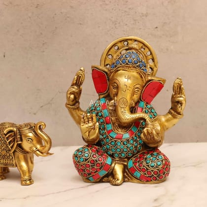 Divine Ganesha Stone Work in Brass - 6.8 Inch Height