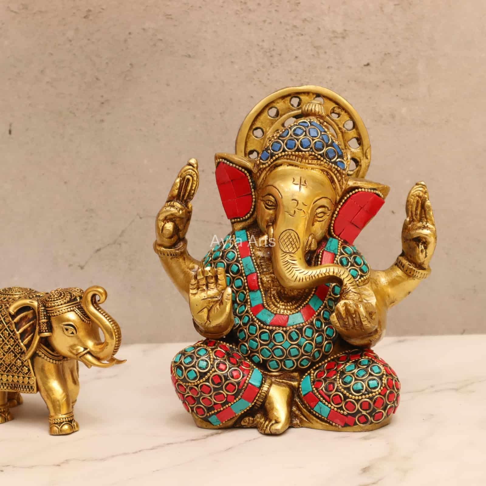 Divine Ganesha Stone Work in Brass - 6.8 Inch Height