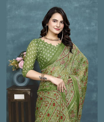 Kanooda Prints Georgette Printed Saree With Unstitched Blouse Piece ( Light Green )