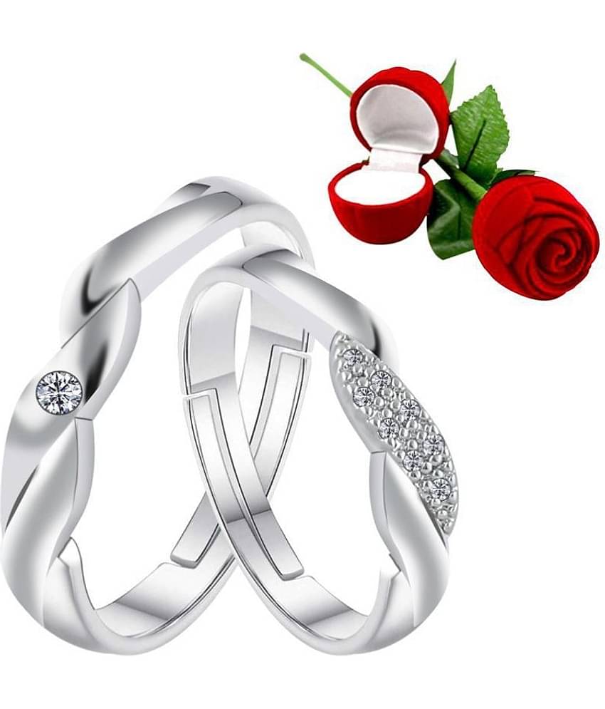 Silver Shine Silver Plated Adjustable Couple Ring with 1 Piece Red Rose Gift Box for Men and Women