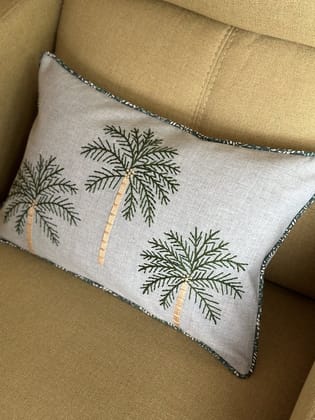 KRI India Bloom Palm Trees Embroidered Cushion Cover | Grey with dark green and beige embroidery  | 12x18 inches  | Wash & Care | 100% Cotton | Handcrafted in India. 100% organic & natural.