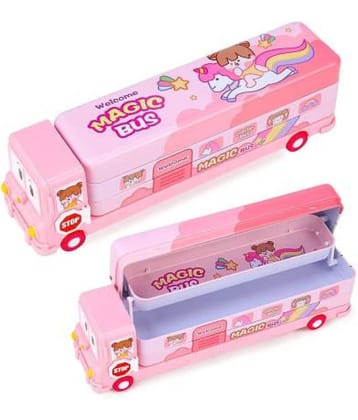 Red Magic Bus Shape with Rotating Wheels Art Metal Pencil Box  (Set of 1, Red)