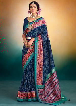 Navy Blue Woven Patola Soft Silk Saree