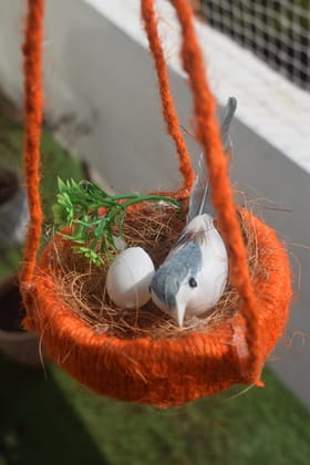 Decorative White Bird in Orange Coconut Fiber Nest, Natural Garden Ornament, Indoor Outdoor Display