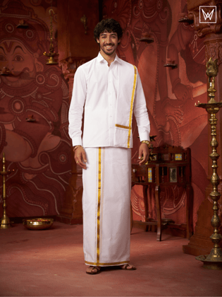 Mens Pure Cotton White Wedding Shirt Gold Jari Dhoti Towel Belt Combo - Vaibhav White-36 / F/S / White
