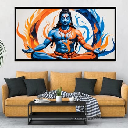 Luminary Shiva’s Elemental Dance – Dynamic Fire & Ice Museum-Quality Cotton Canvas Art for Modern Décor | Frame Size (127 X 69 Cm) | Frame Type (Black) | 5-Year Warranty