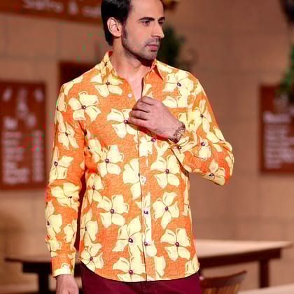 Lilac Tangerine Orange Casual Pure Linen Full Shirt (Size - S) by BLUE EAGLE