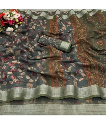 Gullak Linen Printed Saree With Unstitched Blouse Piece ( Olive )
