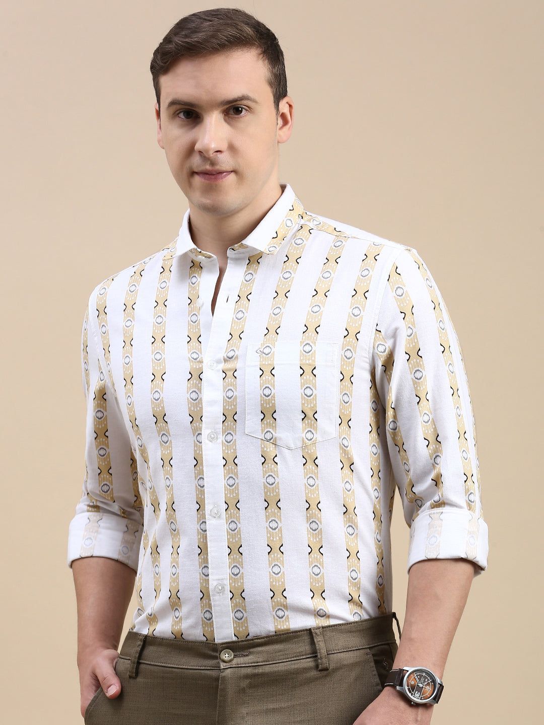 Classic Polo Men's Polo Neck Cotton Linen White/Yellow Slim Fit Striped Shirt | LINEN-37A-FS-PRT-SF