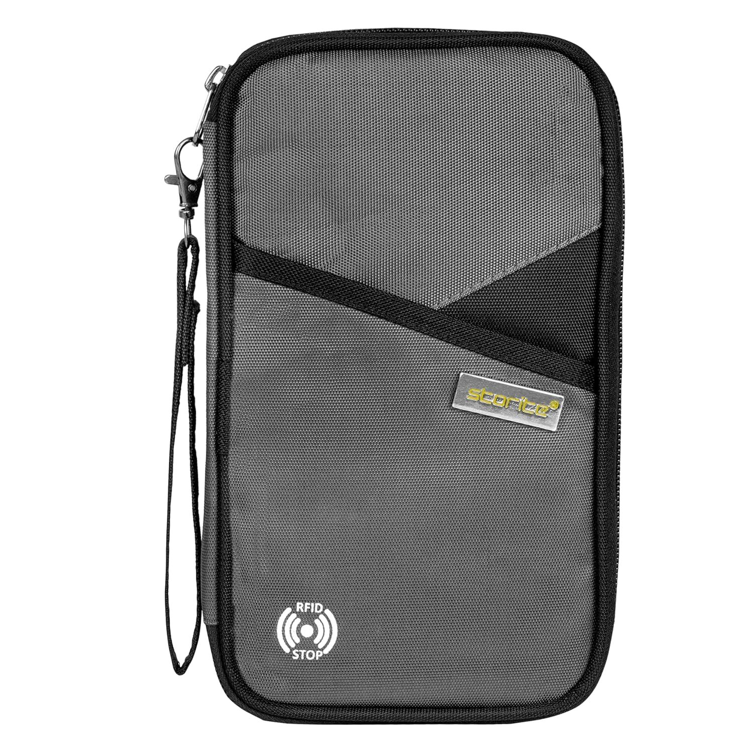 Storite Nylon RFID Family Passport Holder Wallet Document Organizer Travel Accessories for Credit Debit Card Boarding Pass with Removable Hand Strap for Men and Women (Light Grey - 13 x 3 x 23 CM)