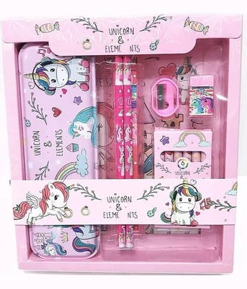 Freedy Unicorn Pencil Box Unicorn School Stationery Kit combo 8-IN-1 Gift Set 2 Pencils Unicorn Metal Pencil Box/Sharpener/Eraser/ Scale/Crayon Birthday Gift for Girls Art Plastic Pencil Box  (Set of 1, Multicolor)