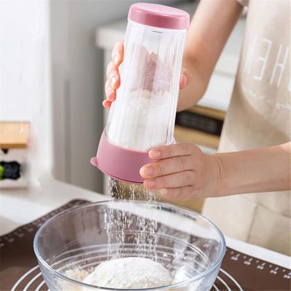 Handheld Flour Sieve Plastic Mesh Cup Flour Sifter Baking Icing Dispenser with Lid Kitchen Bakeware Pastry Tools (Color : Pink)