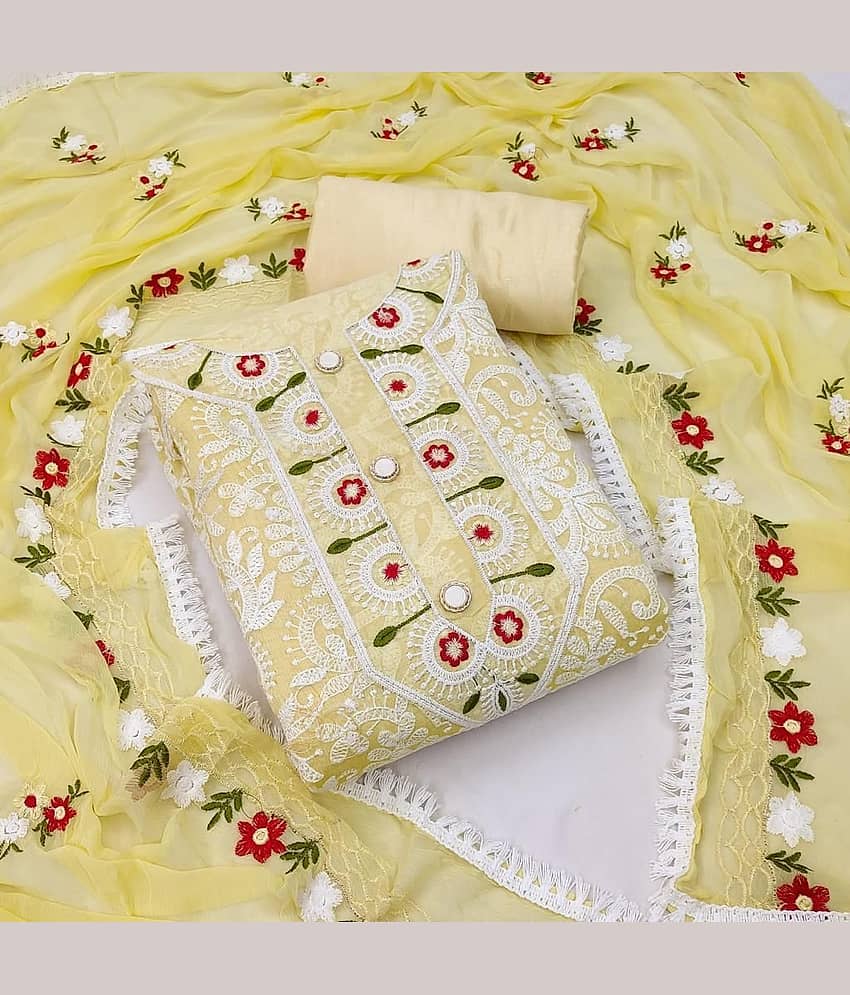 Nayanthara Trends Unstitched Chanderi Embroidered Dress Material - Yellow ( Pack of 1 )