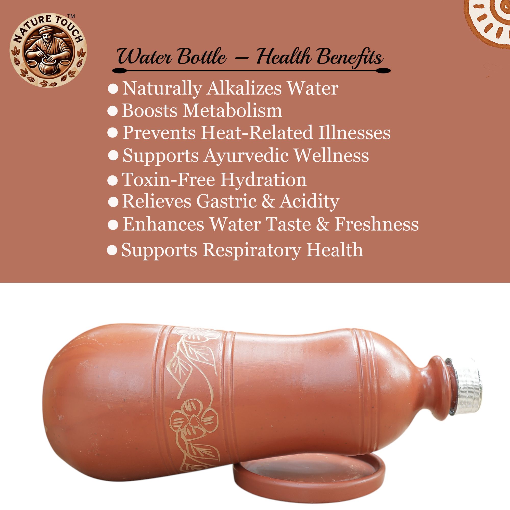 Nature Touch Natures Touch Clay Bottle Terracotta Water Bottle for Organic, Chemical-Free Hydration