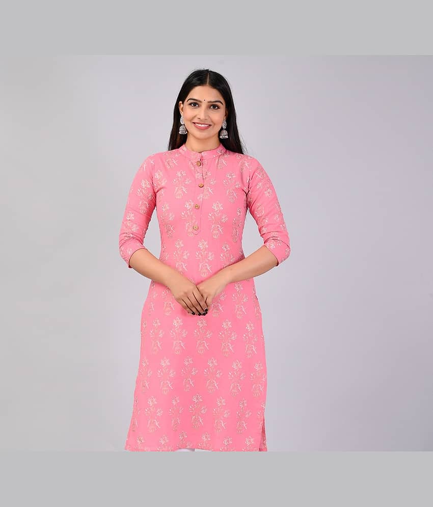 MAUKA Rayon Printed Straight Women's Kurti - Pink ( Pack of 1 )