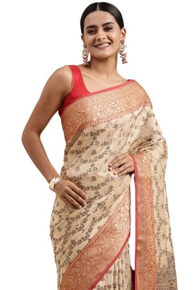 Women's Chanderi Cotton Printed Saree with Unstitched Blouse (Beige, 5-6 Mtrs)