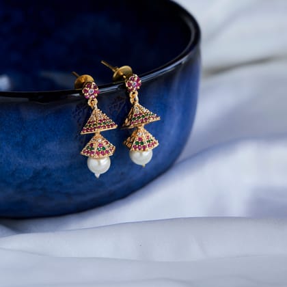 Golden Shine Double Layer Jhumkas-Red-Green-White / Gold Plated / Free Size
