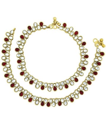 The Jewelbox Antique Traditional Ruby Pearl Kundan Look Pair Of Anklet