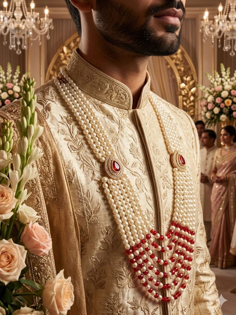 premium groom layered wedding haar featuring alternating red coral gemstone beads