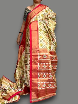 Pure Pochampally Ikkat Tissue Silk White Red Saree Online