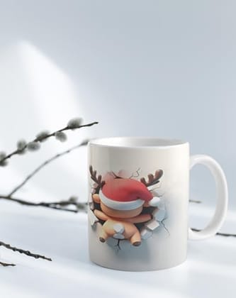 The Magical Gifts Christmas Reindeer Coffee Mug with Santa Hat Funny 3D Wall Break Design Cute Holiday Ceramic Cup for Hot Chocolate Tea Coffee Gift for Kids Adults