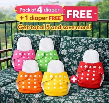 Pack of 4 Diapers + 1 Diaper FREE (4+1 = Total 5 Diapers) | Insert Included in All | Ultra Soft, Leak-Proof & Skin Friendly