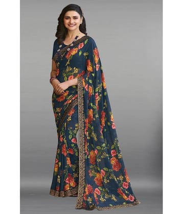 BLEESBURY Georgette Printed Saree With Unstitched Blouse Piece ( Navy Blue )