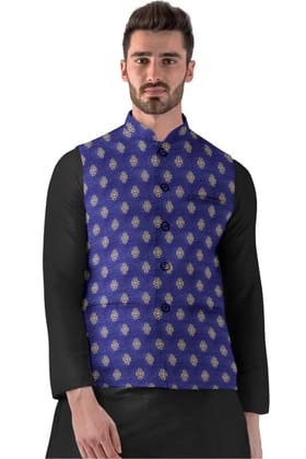 Men's Jacquard Printed Full Sleeve Waistcoat (Blue, 38)-PID53489