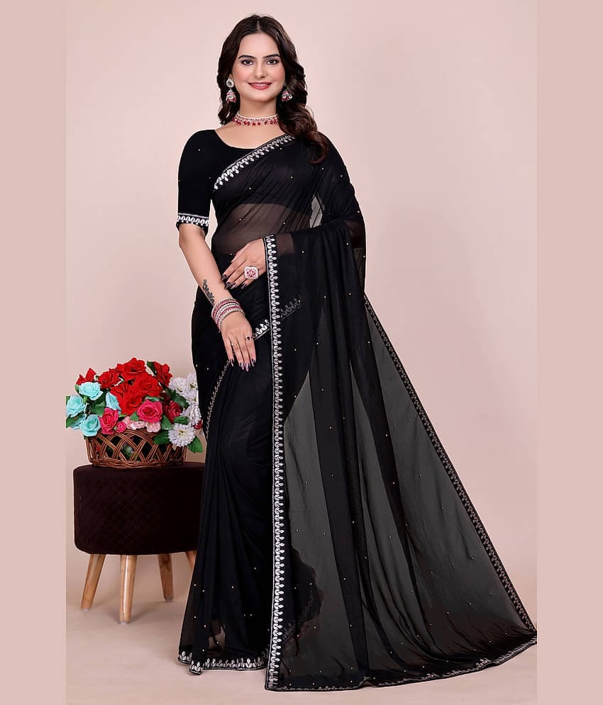 Vkaran Lycra Solid Saree With Unstitched Blouse Piece ( Black )
