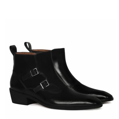 Double Monk Sleek Look Zip Closure Luxurious Black Leather Cuban Heel Chelsea Boot By Brune & Bareskin-40/6