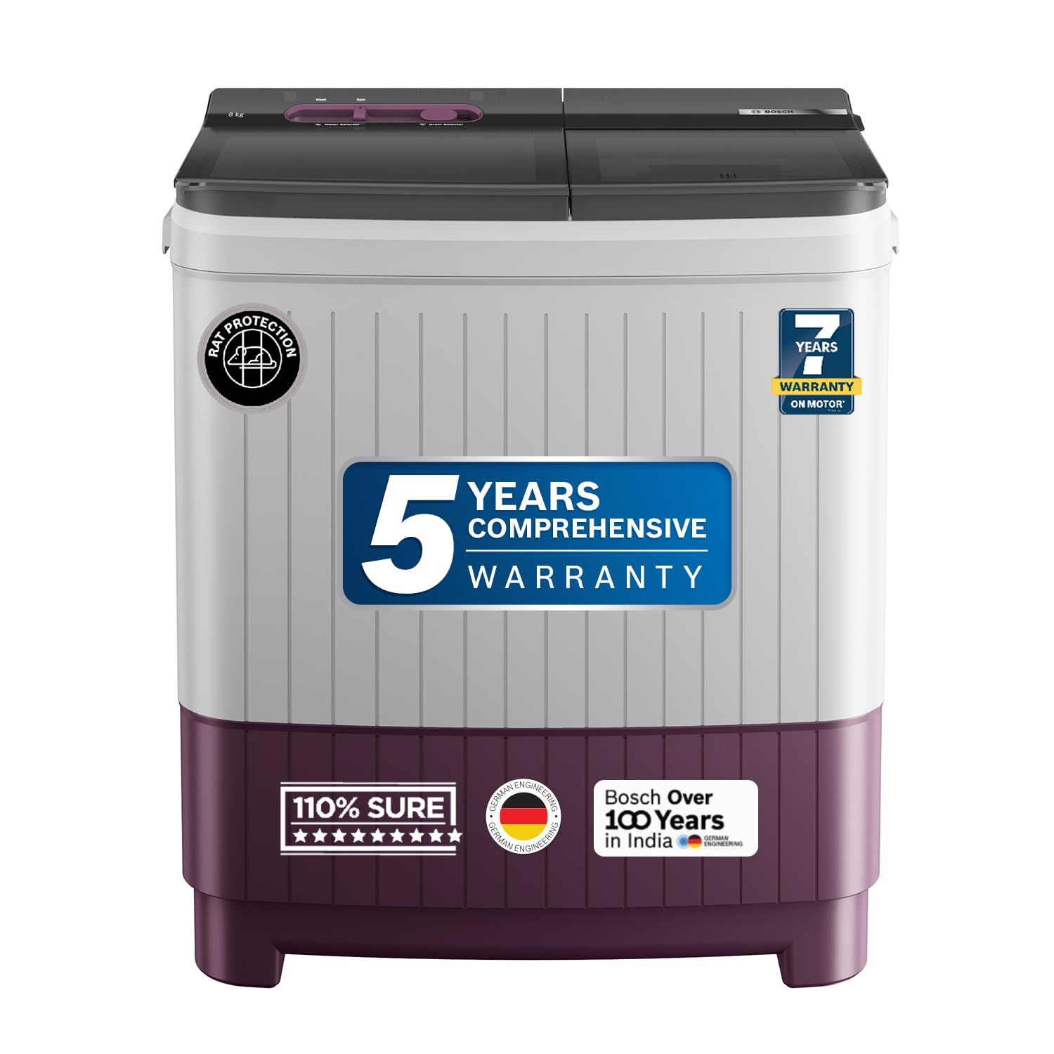 Bosch 8 kg 5 Star Semi-Automatic Top Loading Washing Machine (2025 Model, WJP802V0IN, 3 Wash Programs, Anti-Rust Body, 1300 RPM Spin Speed, Wine, 2 Years Comprehensive Warranty) Bosch 8 kg 5 Star Semi-Automatic Top Loading Washing Machine (2025 Model, WJ