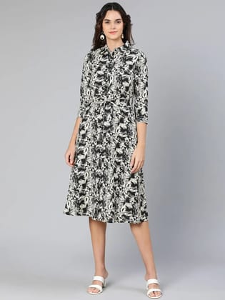 Glassed Black Floral Print Button-Dowm Women Dress-S